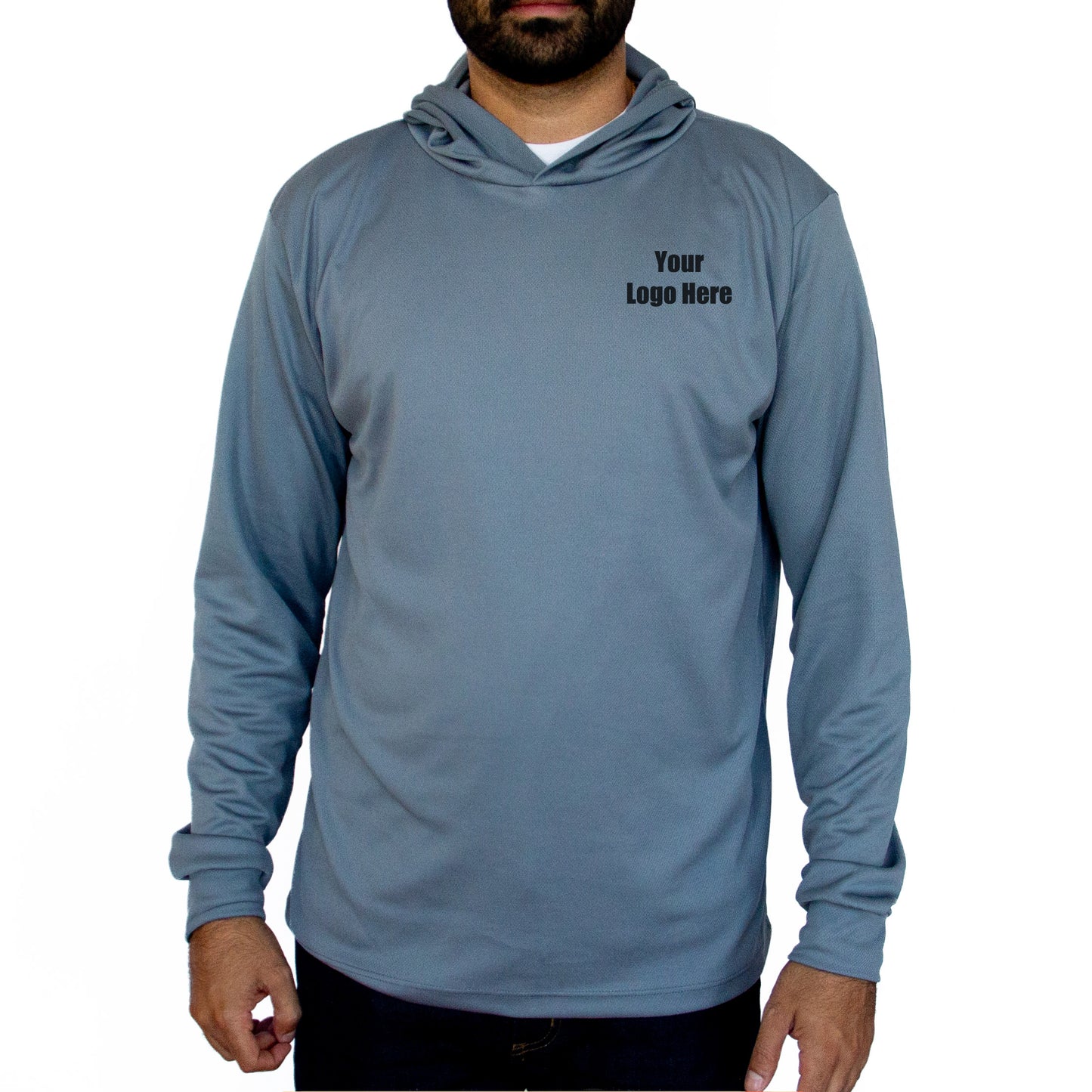 Men's quick drying long sleeve shirt with custom printed business logo in gray.