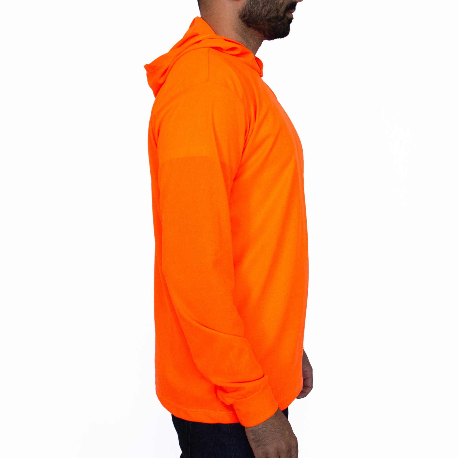 Orange men's hooded high visibility construction shirt in fluorescent orange. 